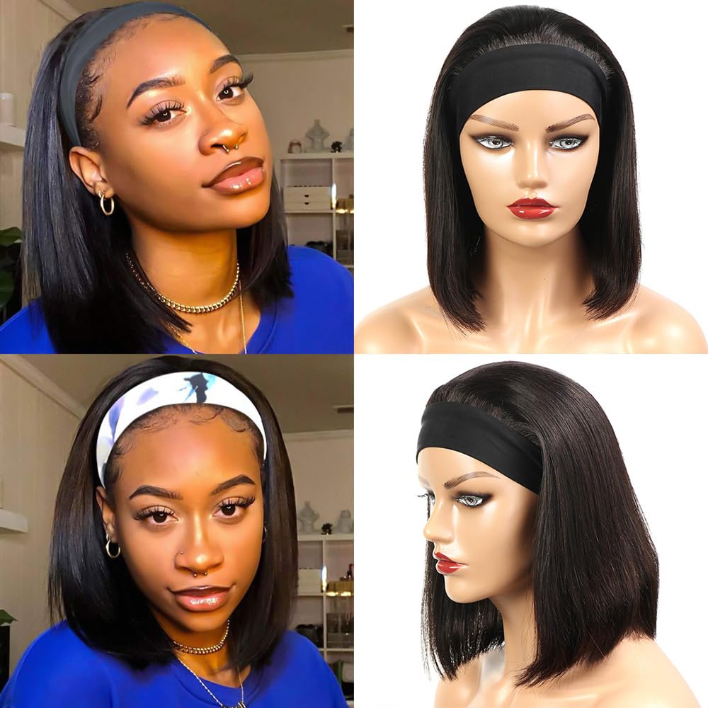 Headband Wig Human Hair Wigs for Black Women Straight Bob Human Hair Headband Wigs None Lace Wig Glueless Short Bob Wigs 100% Brazilian Virgin Hair Wear and Go Wigs Natural Color 10 Inch