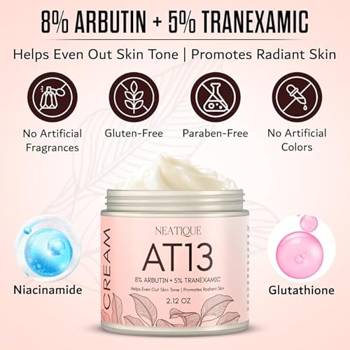 Arbutin 8% + Tranexamic Acid 5% Cream, 80,000ppm Arbutin, 50,000ppm TXA, AT13 Complex Facial Cream for Niacinamide, Glutathione, Dark Spots, Freckle, Blemishes, Pigmentation, 60ml, 2 fl.oz.
