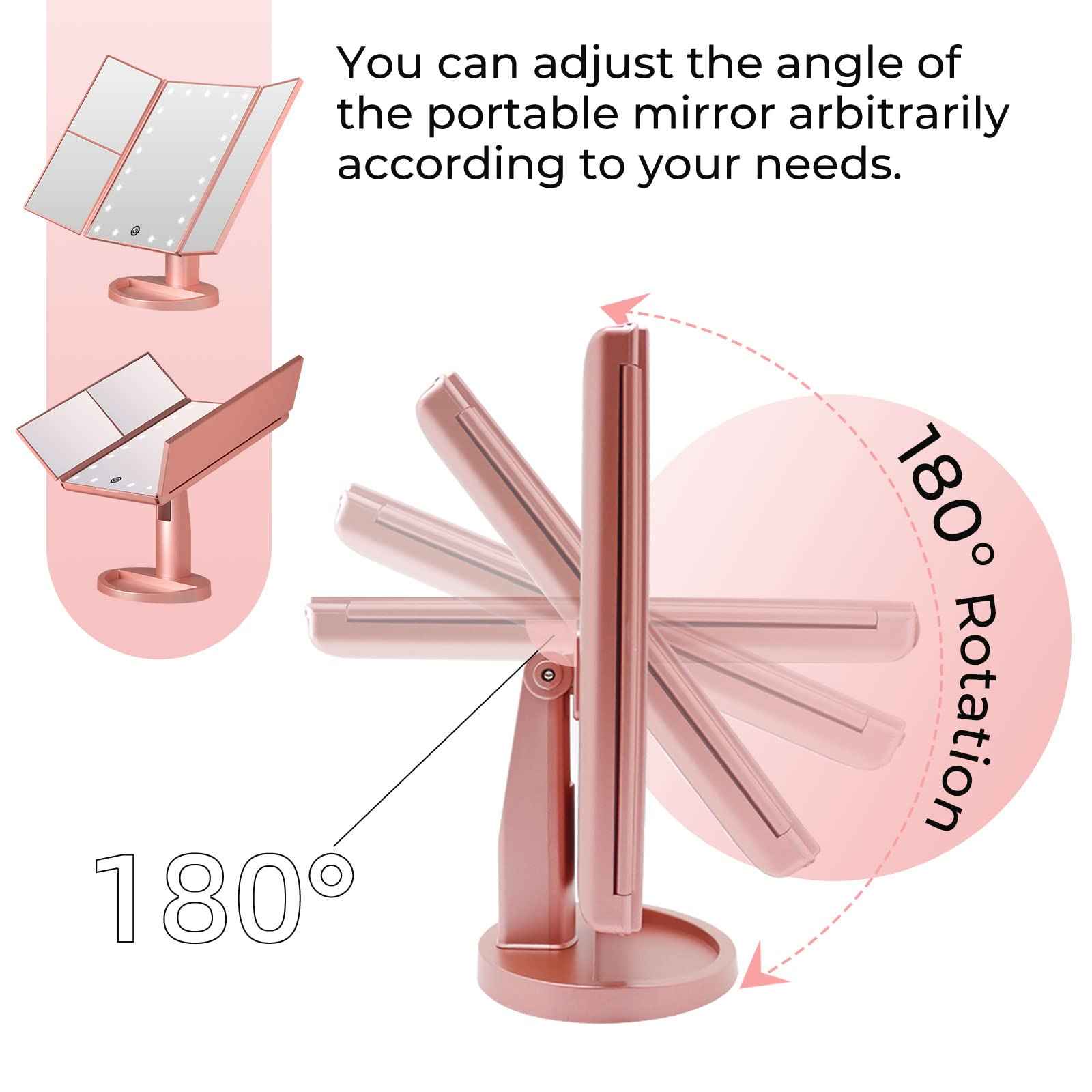 FUNTOUCH LED Lighted Makeup Vanity Mirror with 21 LED Lights, 10X/3X/2X/1X Magnifying Tri-fold Makeup Mirror with Touch Screen,Dual Power Supply,180° Adjustable Rotation,Countertop Cosmetic Mirror