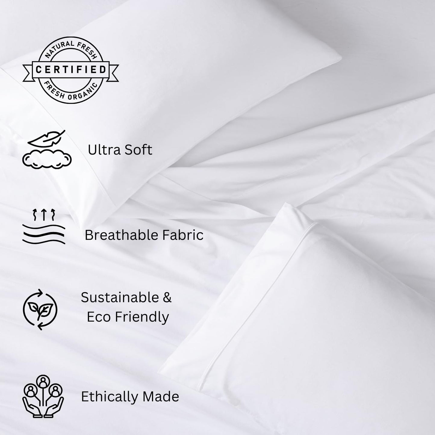 LANE LINEN 100% Organic Cotton White Twin XL Sheets Set 3-Piece Pure Percale Soft Bedding Breathable Fits Mattress Upto 15" Deep