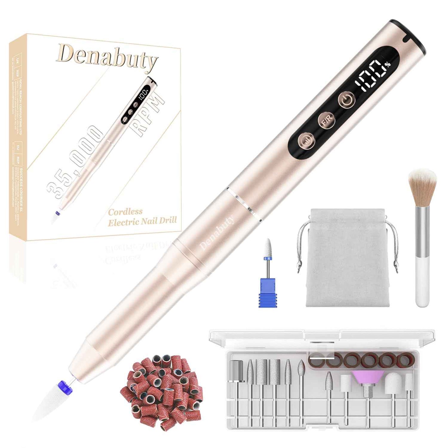 Denabuty Electric Nail Drill Cordless, 35000RPM Portable Electric Nail File with LCD Display and 12 Nail Drill Bits for Acrylic & Gel Nails, Professional Manicure & Pedicure Kit Set Golden