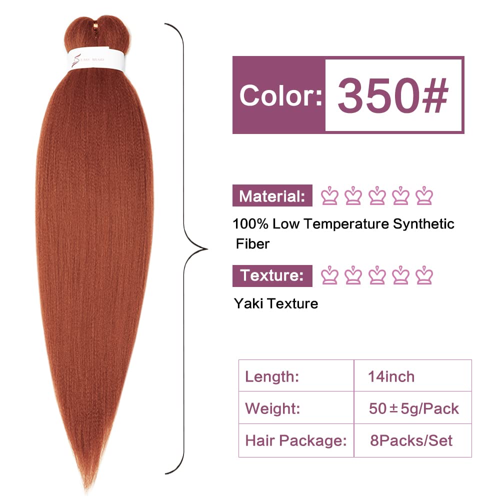 YDDM Pre Stretched Braiding Hair 14 Inch 8Packs Ginger Braiding Hair Synthetic Kanekalon Braiding Hair Pre Stretched Soft Yaki Texture Itch Hot Water Setting Straight 350 Braiding Hair (14 Inch,350#)