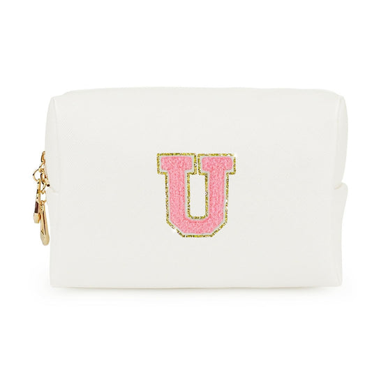Fodofodo Personalized Initial Letter Makeup Bag,Preppy Patch Makeup Bag,PU Waterproof Travel Toiletry Bag,Chenille Letter Cosmetic Bag,Toiletry Zipper Pouch Organizer for Women Girls (White,U)