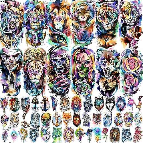 55 Sheets 3D Watercolor Temporary Tattoos For Women Men Adults Kids - Realistic Animal Print, Tribal, Floral, Halloween Designs - Multicolor - Waterproof - Ages 3+
