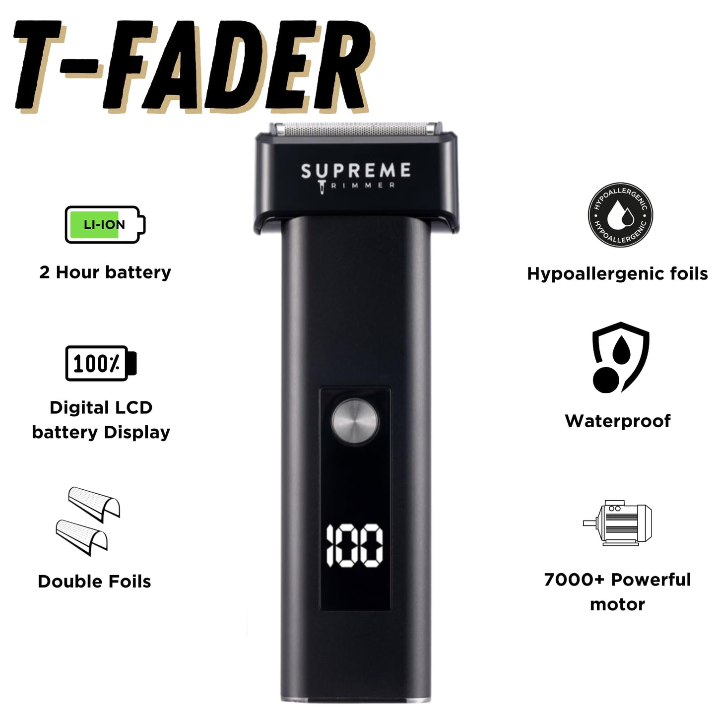 Supreme Trimmer T-Fader Foil Shaver | 120 Min Run Time USB-C Electric Razor | Waterproof IPX6 Shaver for Barber or Home Use | STF501