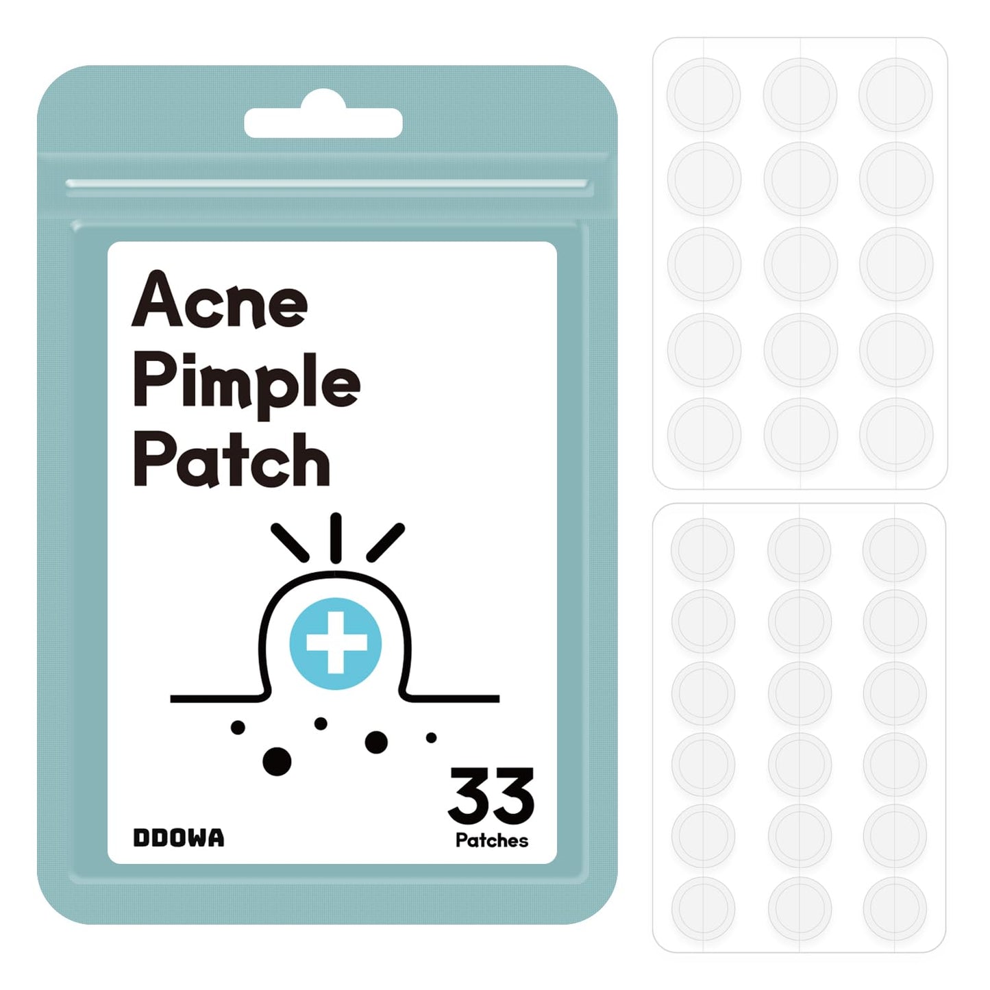 DDOWA Hydrocolloid Acne Pimple Patch - 33 Patches, Size 10mm & 12mm - Fast-Acting & Cleansing Zit, Blemish & Spot Treatment - Covers & Cleans Pores - Acne Skin Care Formula for Face, Nose, Forehead