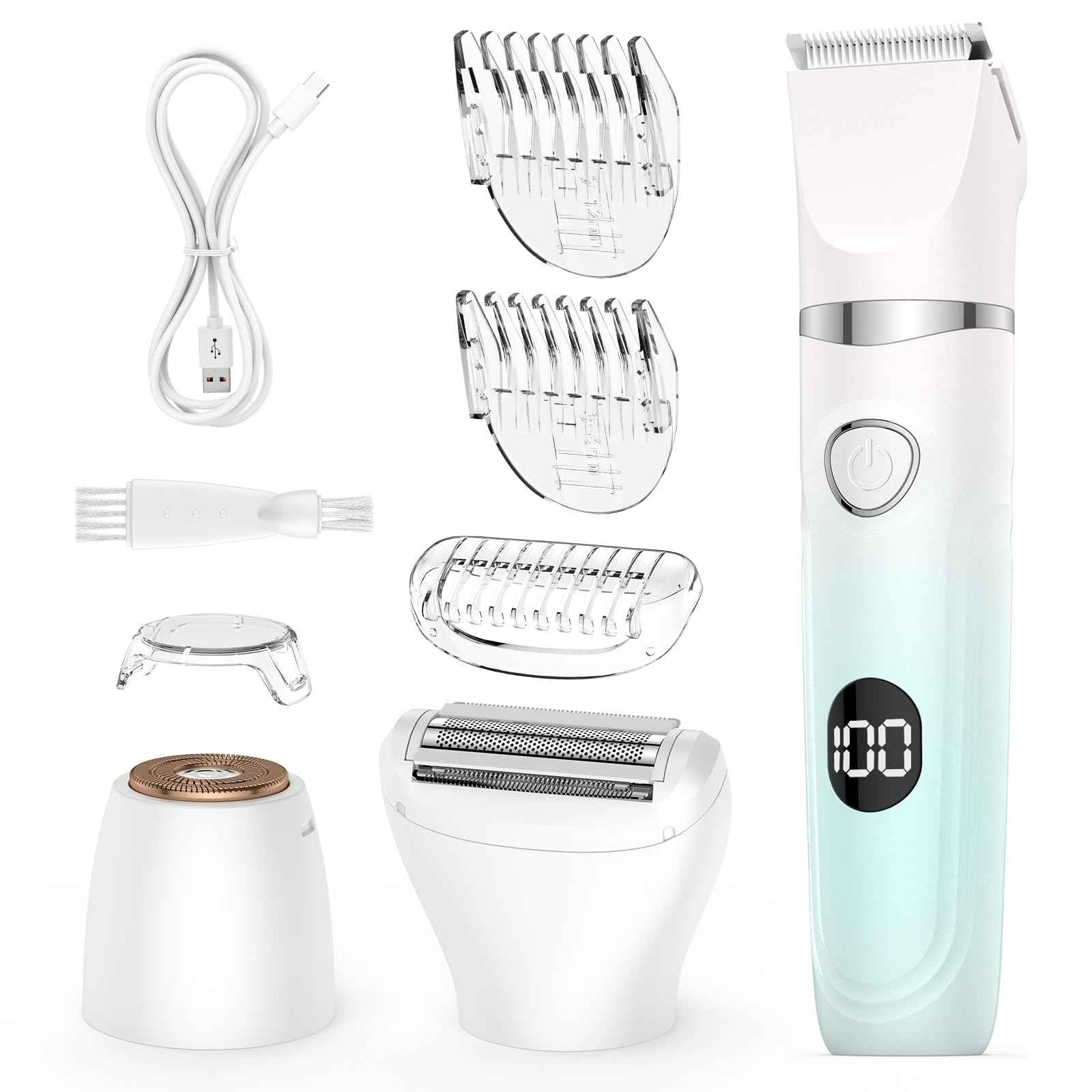 Bilitase Bikini Trimmer for Women,3-in-1 Electric Shaver for Women,Rechargeable Painless Pubic&Facial Razor for Sensitive Skin,Lip,Arms,Legs with LED Display (Gradient Green)