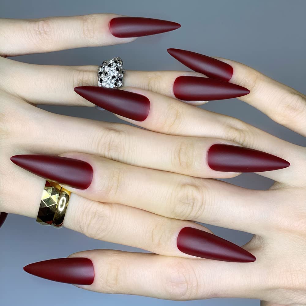 Redykat 24PCS XL Stiletto Matte Press On Nails, Salon Quality Nail Art, Extra Long Acrylic False Nails, Fake Nails, Home Quick Manicure (dark red)