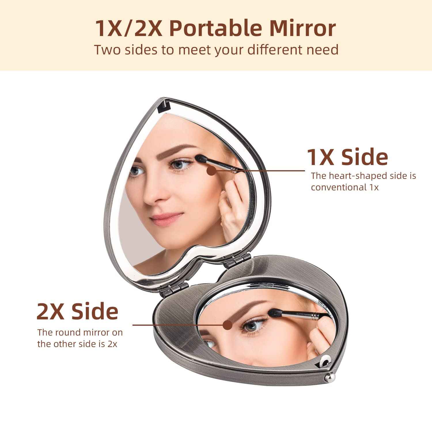 EYIDADAE Mini Vintage Heart Elegant Metall Makeup Mirror, Portable 1X/2X Magnifier (Silver)