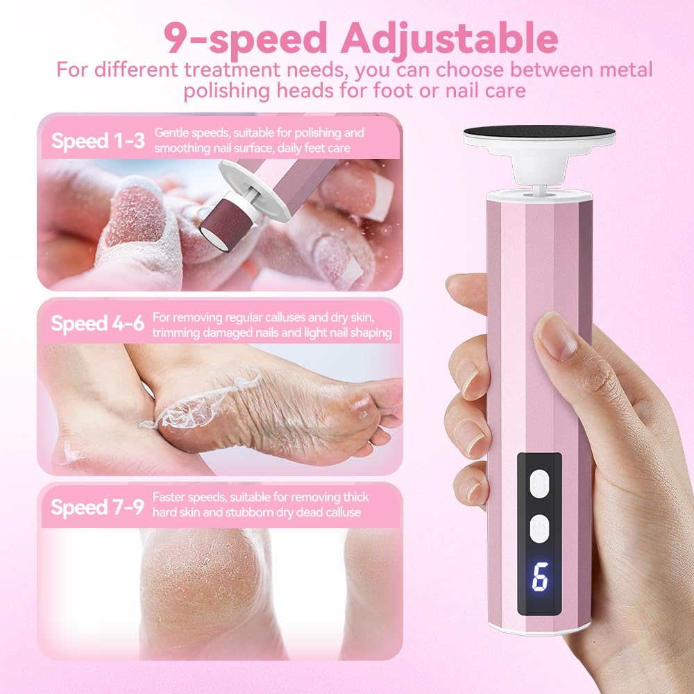 Electric Foot Callus Remover, Pedicure Tools for Feet, Foot File Nail Grinder with 9 Adjustable Speeds, Cordless Rechargeable Foot Sander with Replace Sandpaper Dics for Dead Skin, Callus, Rose Gold