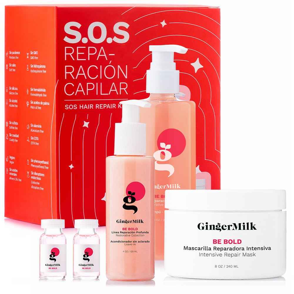 SOS Hair Repair Kit by Ginger Milk Natural Care | 4-Step Deep Repair & Hydration System | For Dry, Damaged & Color-Treated Hair | With Hyaluronic Acid, Keratin, Argan Oil | Salon Results at Home