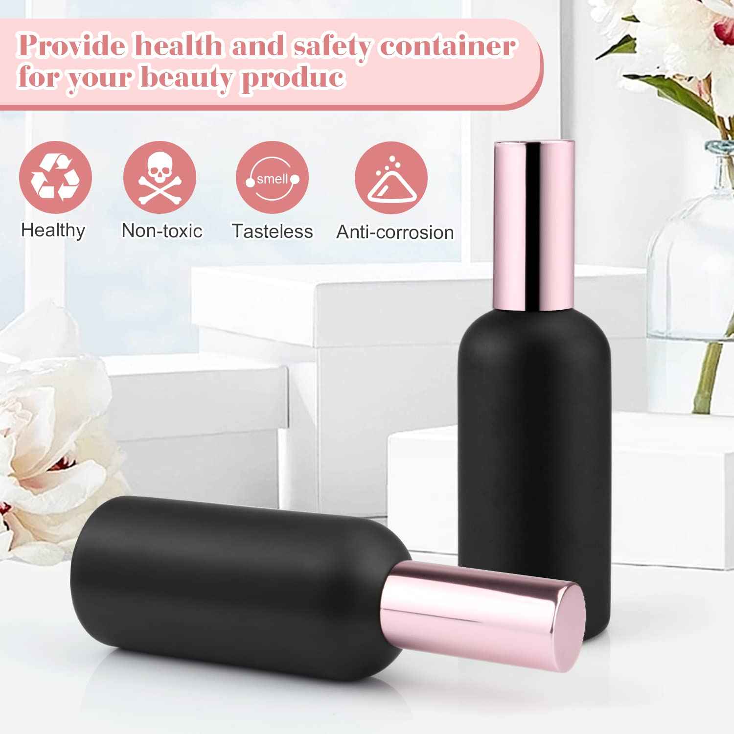 DMuuuDM 6 Pack 3.4 Oz Black Frosted Glass Spray Bottles,Empty Perfume Fine Mist Atomizer,Rose-Golden Pump Head Travel Liquid Holder Containers for Cologne,Essential Oils,Body Sprays-Funnel&Pipette