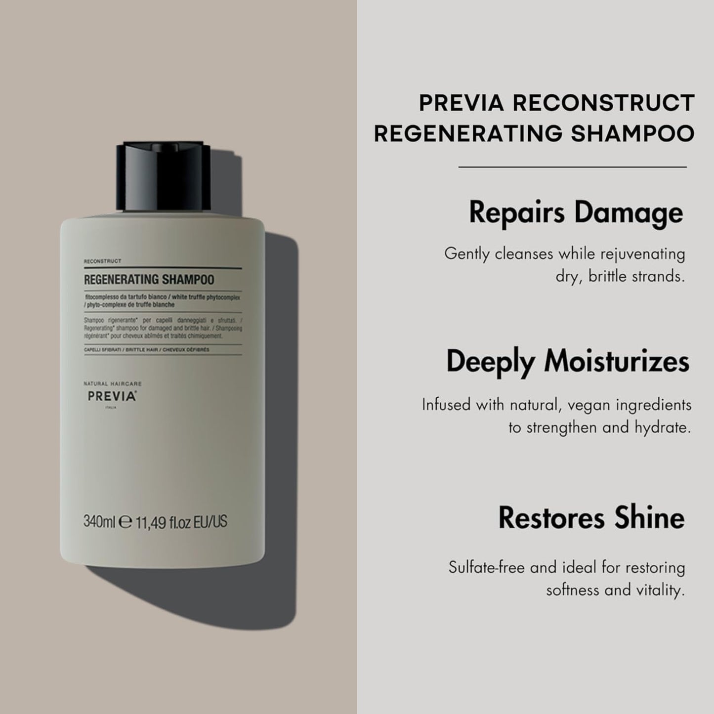 PREVIA Reconstruct Regenerating Shampoo | White Truffle & Organic Plant Extracts | Moisturizing Cleanser for Damaged, Brittle Hair | Vegan, Sulfate-Free, Eco Bio Formula | 11.5 oz