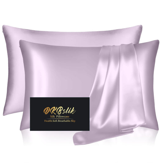 Silk Pillow Cases 2 Pack, Mulberry Silk Pillowcases Standard Set of 2, Smooth, Anti Acne, Beauty Sleep, Both Sides Natural Silk Satin Pillow Cases for Women 2 Pack with Zipper for Gift, Lavender