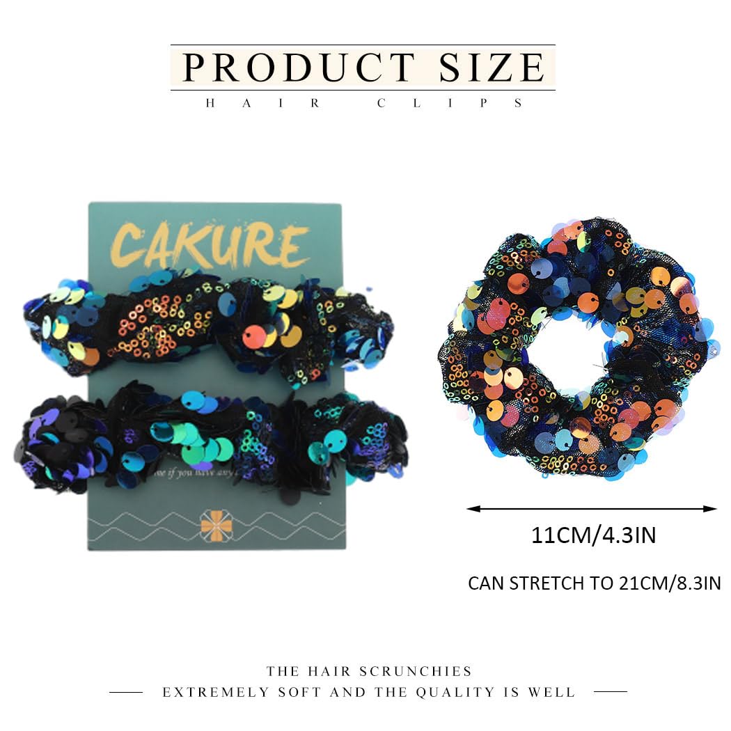 CAKURE Sequins Hair Scrunchies Shiny Hair Ties Ropes Blue Elastic Hair Bands Ponytail Holder Hair Accessories for Women and Girls Pack of 2 (Type D)