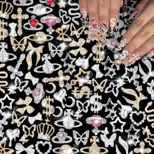 105 Pcs Silver+Gold Nail Gems Charms, Planet Crown Dollar Nail Gems Snake Star Bow Nail Charms 3D Cross Nail Art Jewelry Charms + Gold Dollar Charms for Nail Art DIY Jewel Accessories