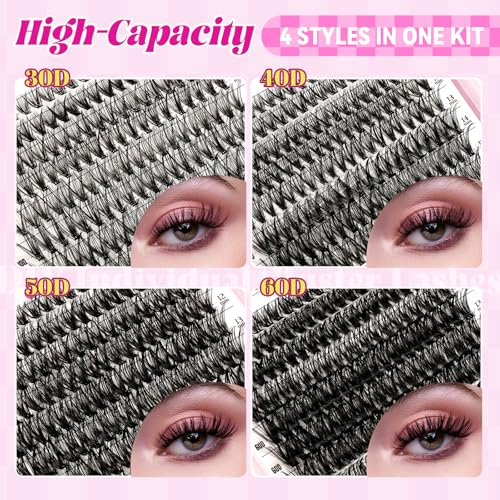 WLF Lash Clusters Kit 640 Pcs Lash Extension Kit Individual Lashes D Curl Clusters Eyelashes Extensions Kit with Lash Book Eyelash Bond and Seal Remover Tweezers Brush(Mix 9-16mm,30D+40D+50D+60D Kit)