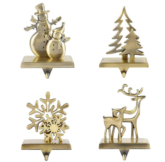 4Pcs Christmas Stocking Holders Double Mantle Anti-Slip Reindeer Christmas Tree Snowman Snowflake Deer Holders for Fireplace Xmas Decor (4, Bronze)