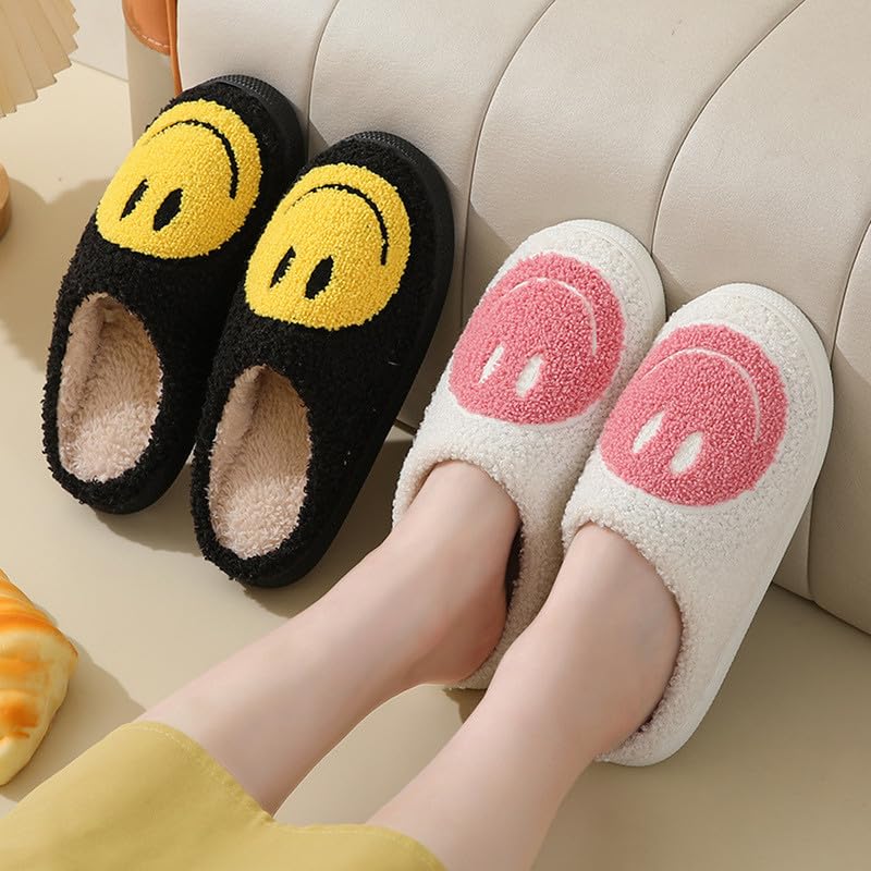 Geibiu Cute Smile Slippers for Women, Retro Soft Plush House Slippers, Warm Cozy Fuzzy Fluffy Happy Face Slippers,Slip-on Indoor Outdoor Preppy Slippers Shoes,Black Yellow