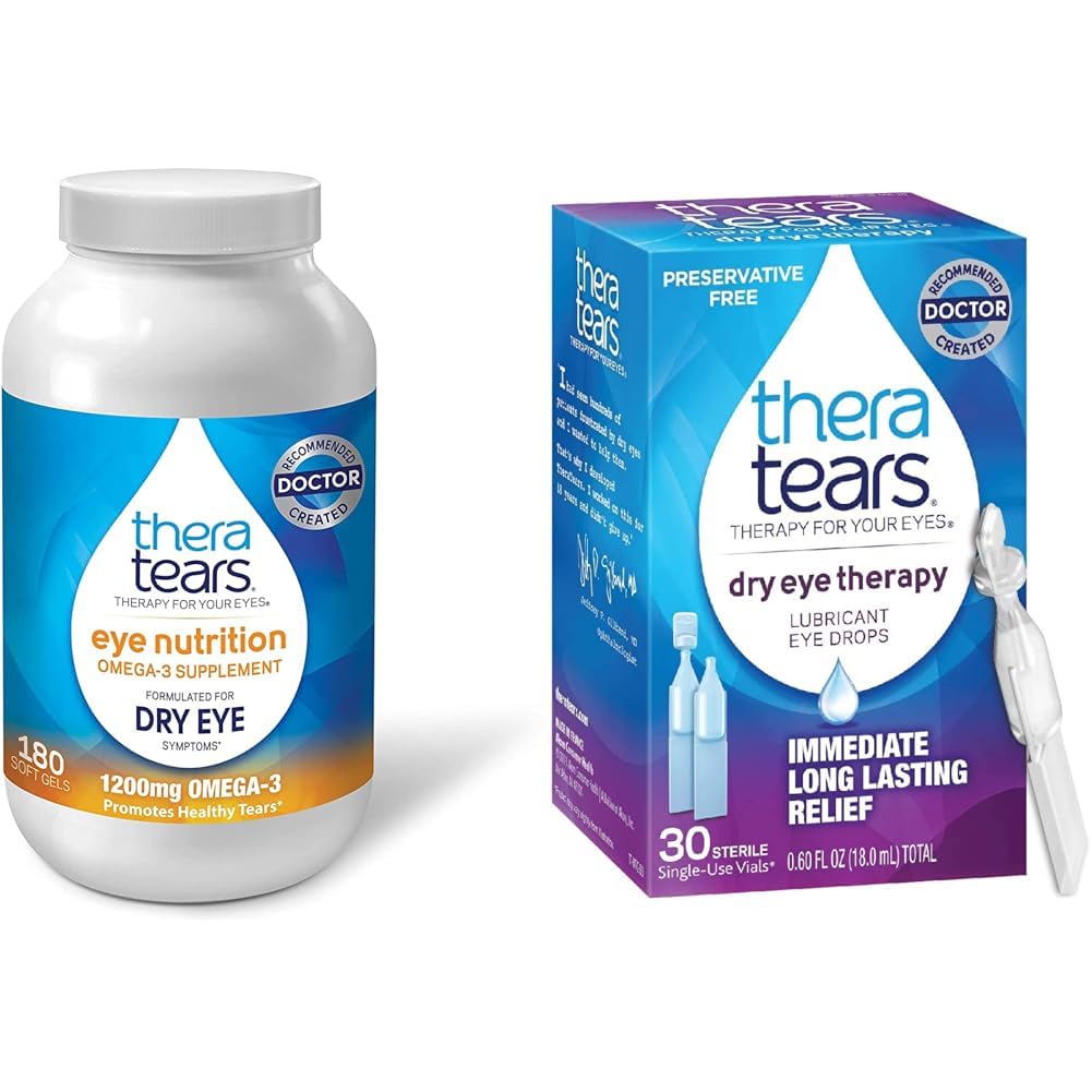 TheraTears 1200mg Omega 3 Supplement for Eye Nutrition, Organic Flaxseed Triglyceride Fish Oil & Dry Eye Therapy Lubricating Eye Drops for Dry Eyes, Preservative Free Eye Drops