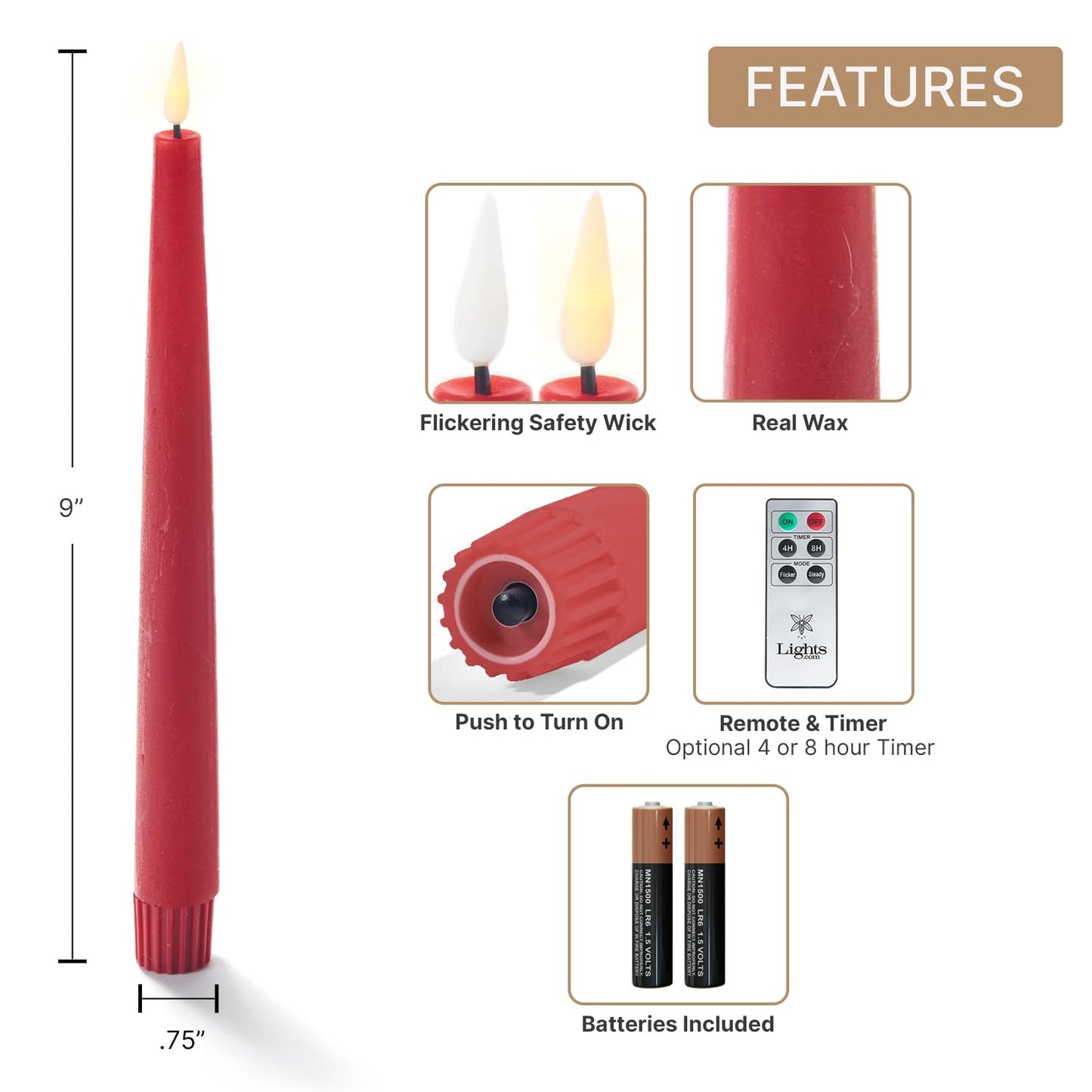 LampLust Flameless Taper Candles, Realistic 3D Flame with Wick, Real Wax, Flickering Flameless Candle LED, Remote & Batteries Included, Home Decor, Mantel & Wedding Centerpieces (9" - 4 Pack - Red)