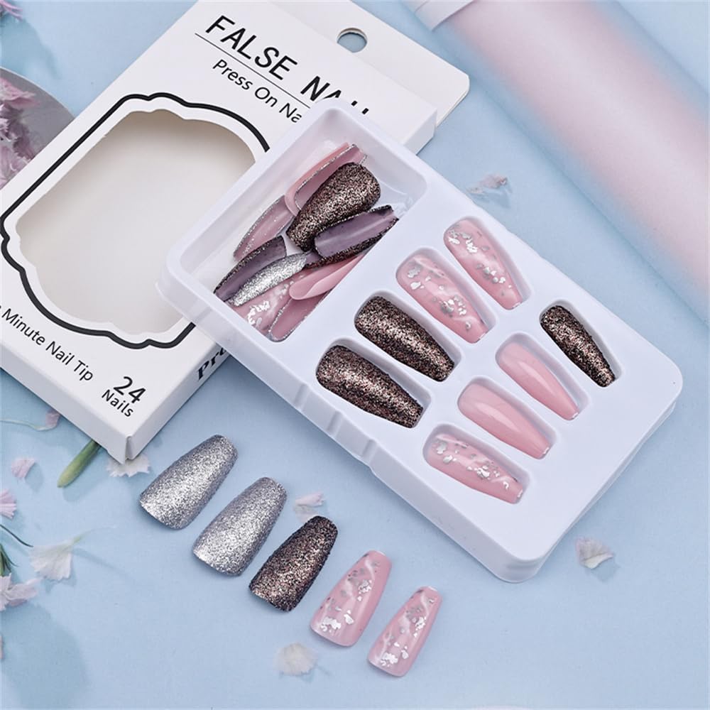 Sparkly Shiny Long Coffin Press On False Nails Medium Length Full Cover Acrylic Fake Nails Ballerina Nails for Women Lady Fashion Nails for Nail Salons and Home DIY Nail Art 24PCS (BKS2137 Mixed Pink)