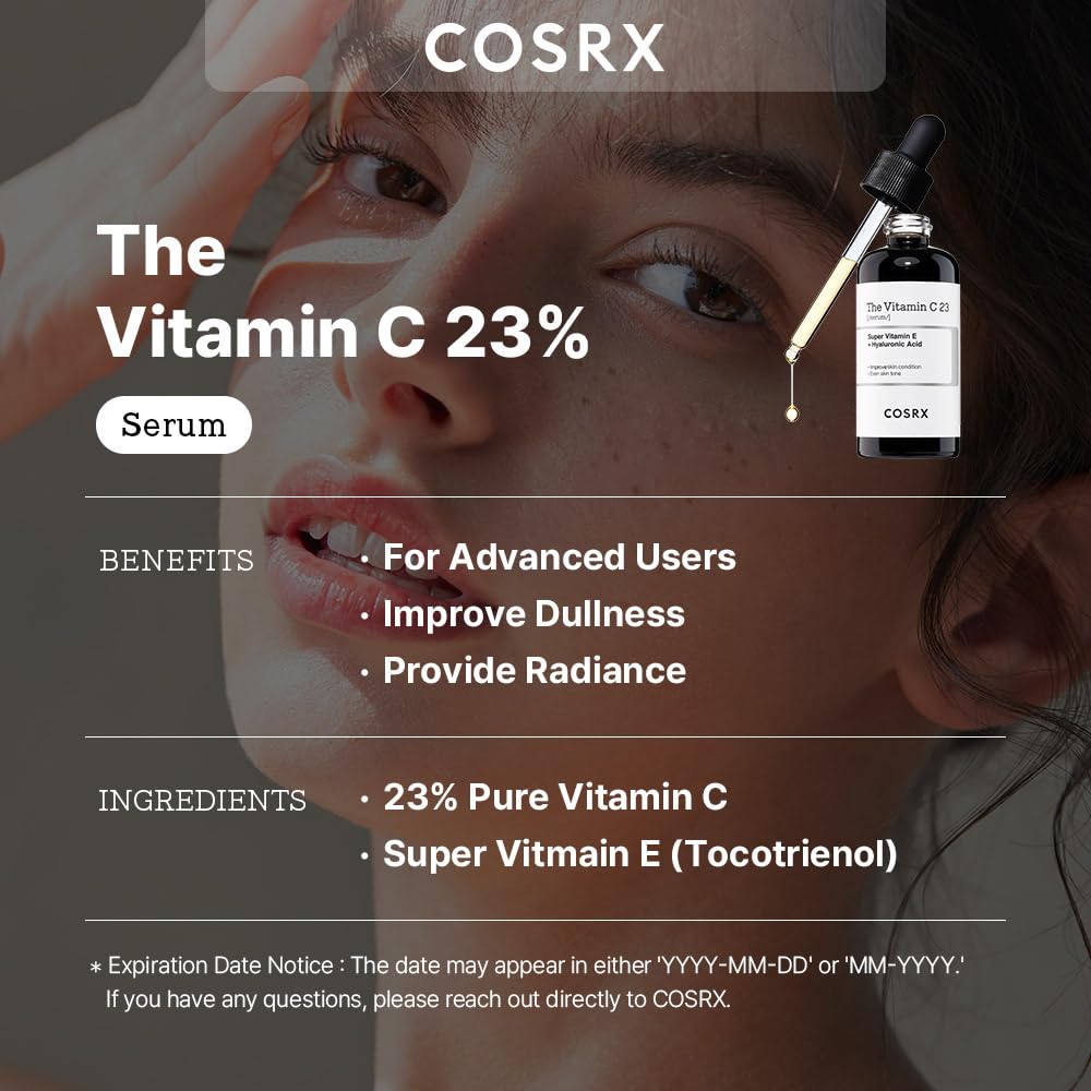 COSRX Pure Vitamin C 23% Serum with Vitamin E & Hyaluronic Acid, Brightening & Hydrating Facial Serum for Fine Lines, Uneven Skin Tone & Dull Skin, 0.7oz/20g, Korean Skincare