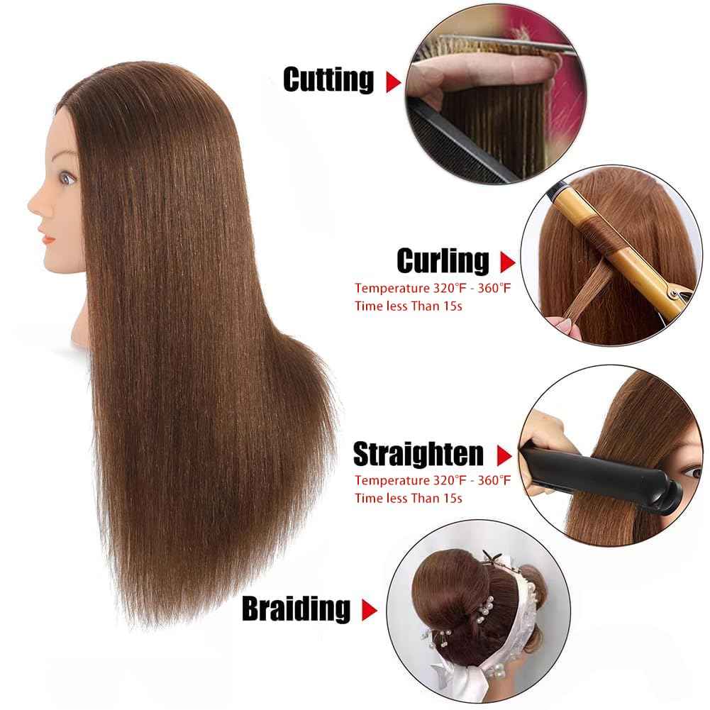 Opini Mannequin Head with 100% Real Human Hair Cosmetology Mannequin Head to Practice Hairstyles Doll Head Training Head for Hairdresser (Brown)