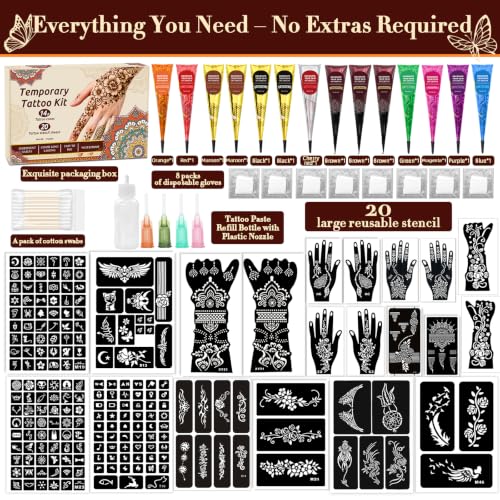 MuseLuxe 14P-10 Colors Temporary Tattoo Kit with 20 Stencil Sheets & Accessories