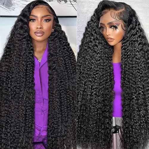 Dianthe 34 Inch 13x6 Deep Wave Lace Front Wigs Human Hair HD Lace frontal Curly Human Hair Wig for Black Women 180% Density Wet and Wavy Glueless Wigs Human hair Pre Plucked with Baby Hair