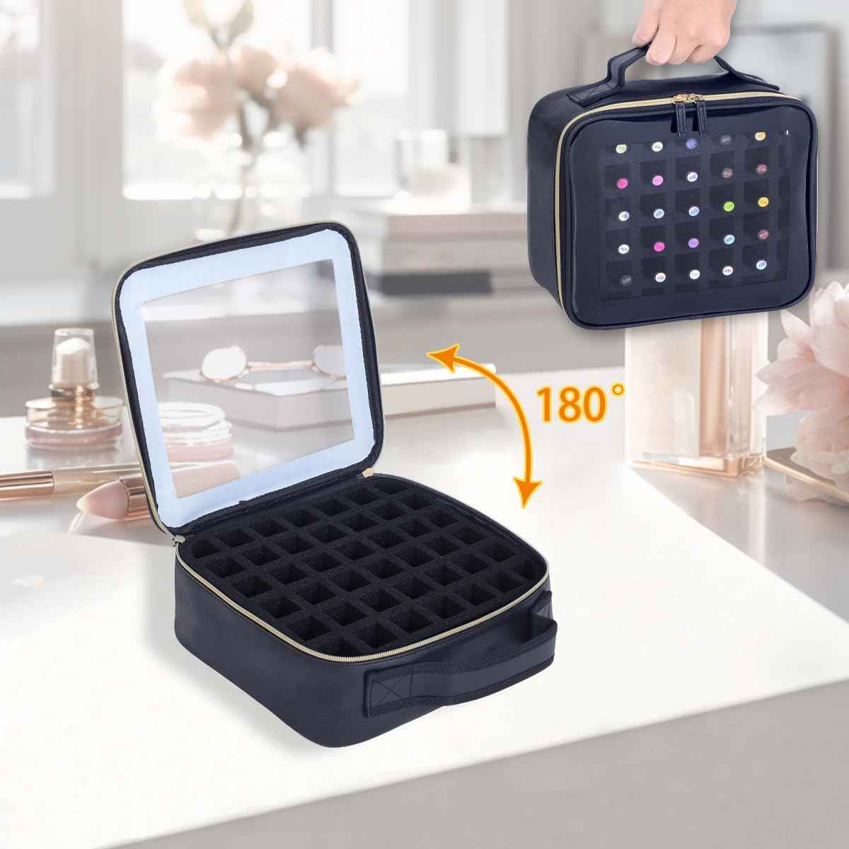 YAHOURWAT Small Clear Nail Polish Organizer Storage Box Hold 42 Bottles (15 ml/0.51 floz) PU Leather Portable Cosmetic Bag with Removable Partition (Black)