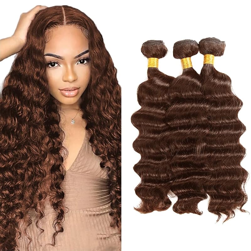 DiexrLamx 300g 22 Inch Deep Wave Hair Bundles Dark Brown Grade 8A Peruvian Virgin Hair - 4 Chocolate D