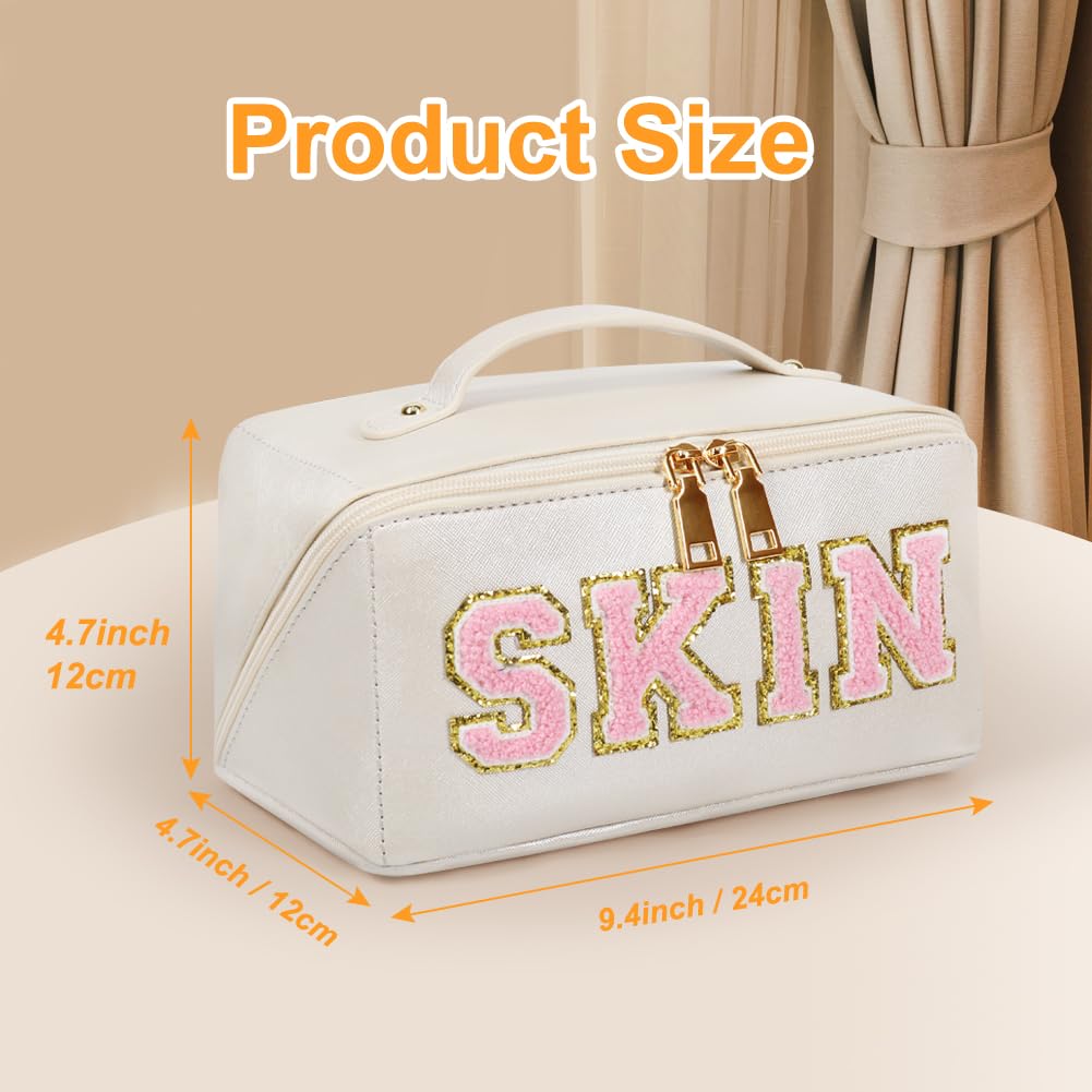JOINDO Large Capacity Travel Cosmetic Bag, Chenille Letter Preppy Makeup Bag, PU Leather Open Flat Toiletry Bag Organizer with Divider and Handle, Portable Waterproof Makeup Bag for Women