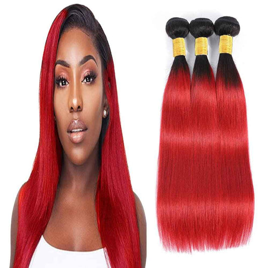 Yuksoocosh Ombre 1B/Red Straight Human Hair Bundles Two Tone Black and Fire Red 10 12 14 inch Double Weft Brazilian Hair Extensions Silky Soft for Black Women