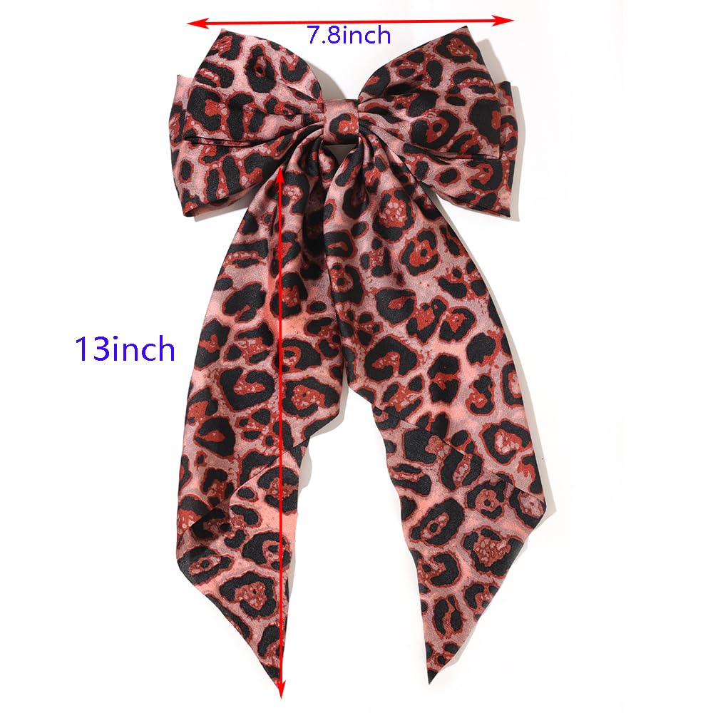 Hair Bows for Women Big Bow Hair Clips with Long Tail Hair Ribbon Satin Leopard Hair Bow Barrette for Women and Girls Ponytail Hair Accessories, Pack of 1 (Pink)