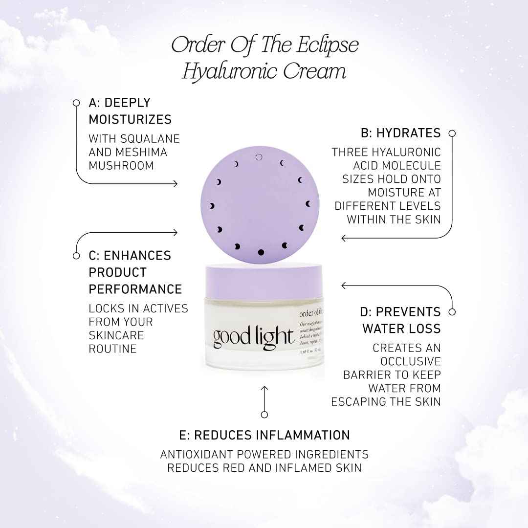 good light Order of the Eclipse Hyaluronic Face Cream. Hydrating Facial Moisturizer & Overnight Face Lotion With Hyaluronic Acid For Dry & Sensitive Skin. Vegan Korean Skin Care, 1.69 Fl. Oz.