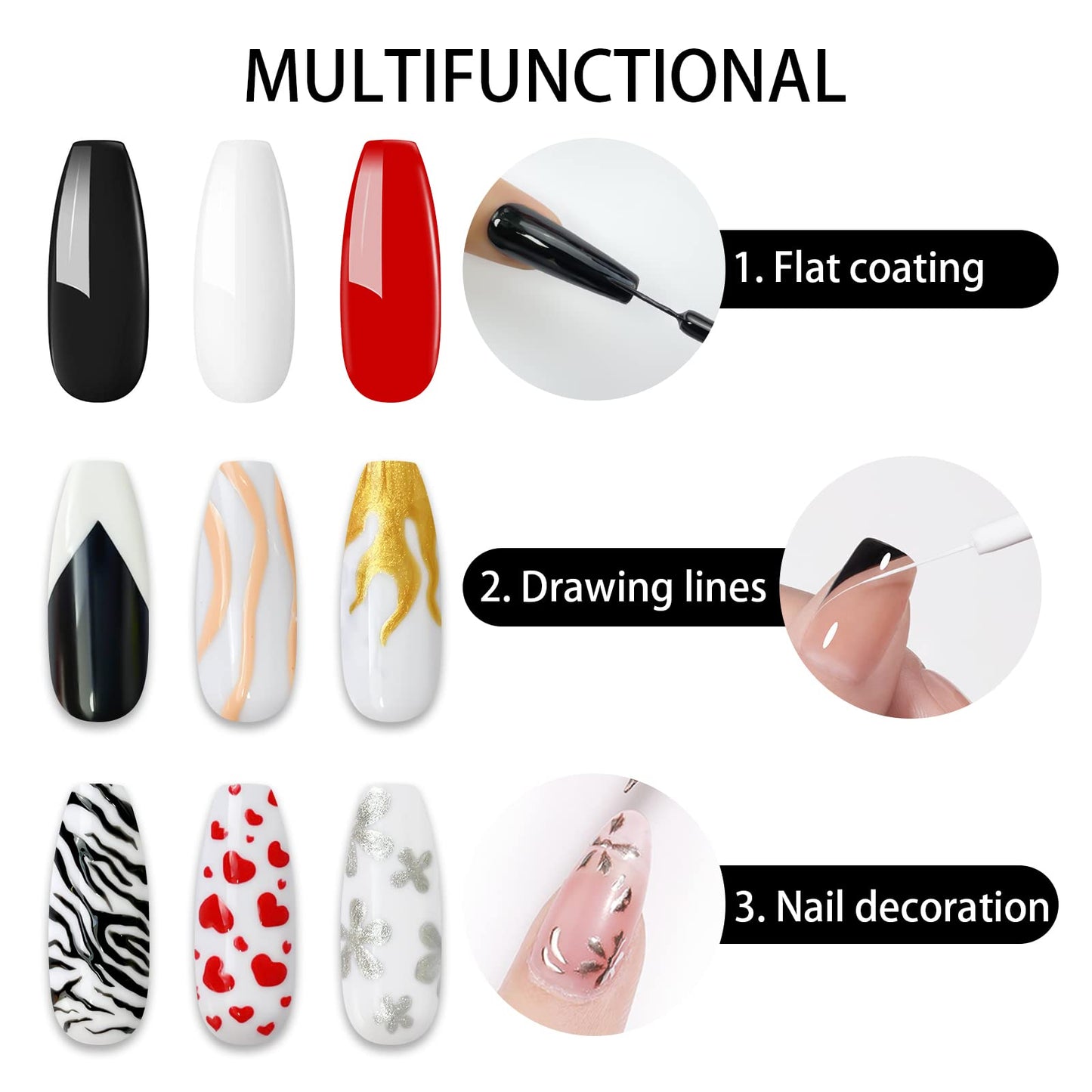 lofuanna Nail Liner Gel Polish Set Nail Art Gel Polish, 6 Colors White Black Red Glitter Painting Drawing Gel Kit Built Thin Nail Art Brush in Bottle Gel Pens Soak off DIY for Home Salon