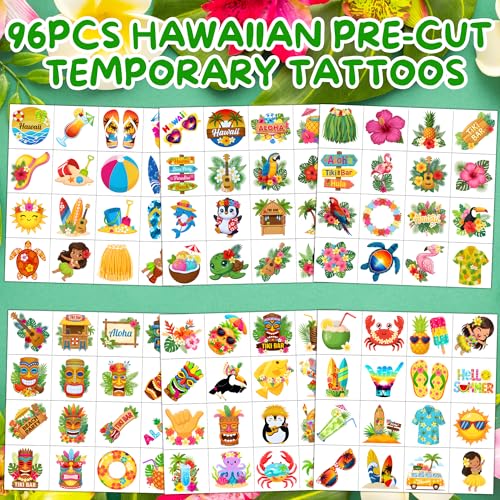 Hawaiian Luau Temporary Tattoos for Kids - 96 PCS