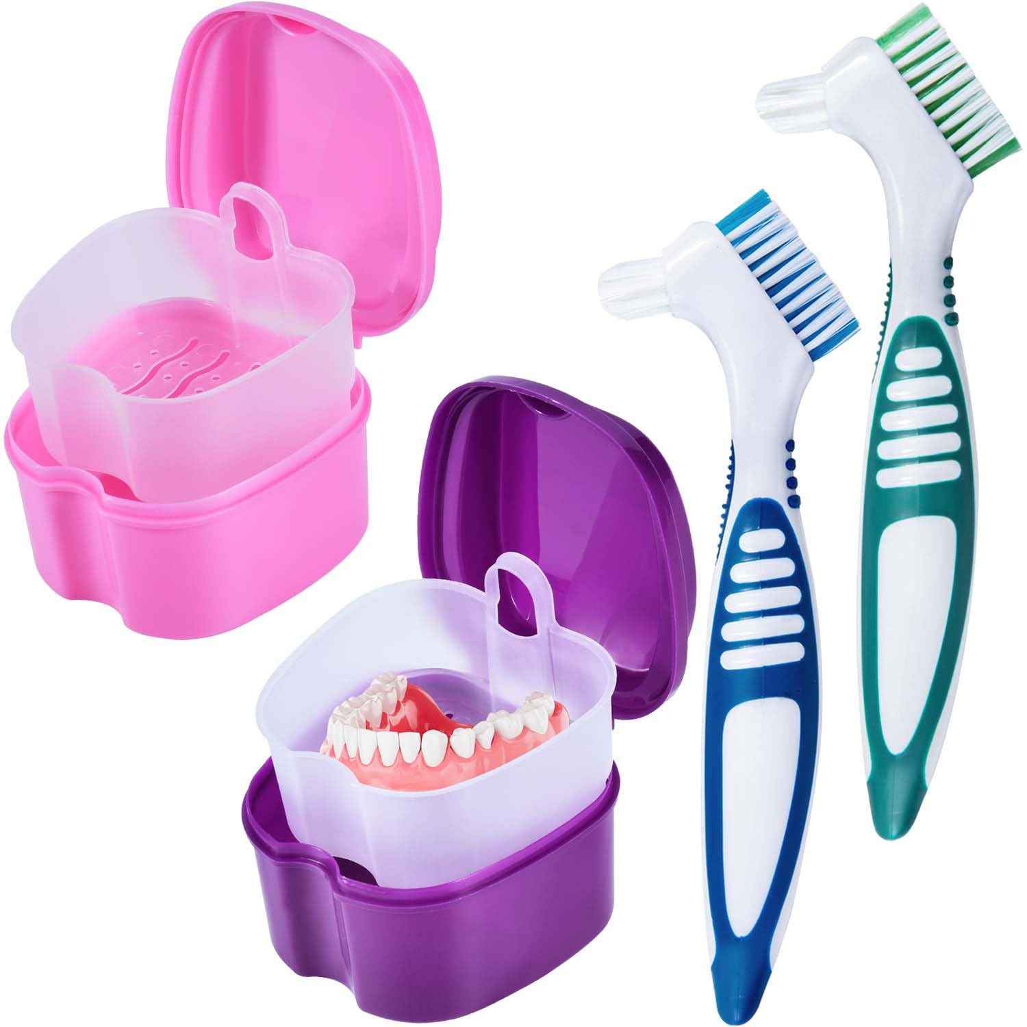 KISEER 2 Pack Denture Bath Case Cup Box Holder Storage Container with Denture Cleaner Brush Strainer Basket for Travel Cleaning (Pink and Purple)