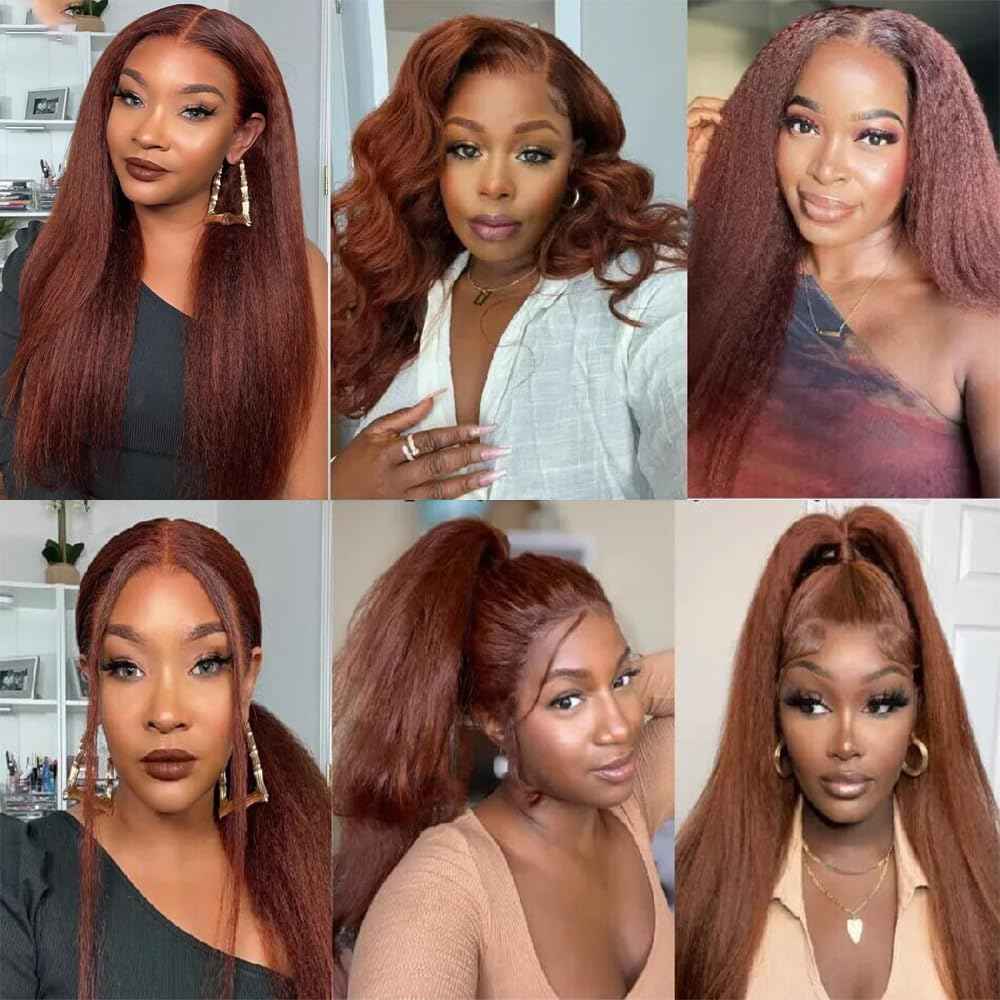 Color 33 Reddish Borwn Yaki Human Hair Bundles Copper Red Yaki Straight Bundles 10 10 10 Inch Double Weft Brazilian Virgin Reddish Brown Kinky Straight Human Hair Extensions