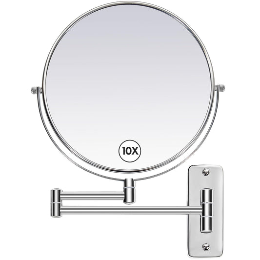 Large Size 9-in Wall Mounted Magnifying Makeup Mirror 1X/10X Magnification,Extendable Bathroom Mirrors Wall Mount Vanity Mirror for Shaving,12-in Folding Arm,Flexible Adjustable,Space-Saving,No Light