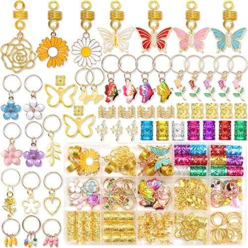 NAISKA 146PCS Gold Hair Jewelry with Butterfly Flower Charms, Metal Alloy Hair Coils, Rings, Cuffs and Decorations for Locs, Dreadlocks and Braids - Handmade Accessories for Women and Girls