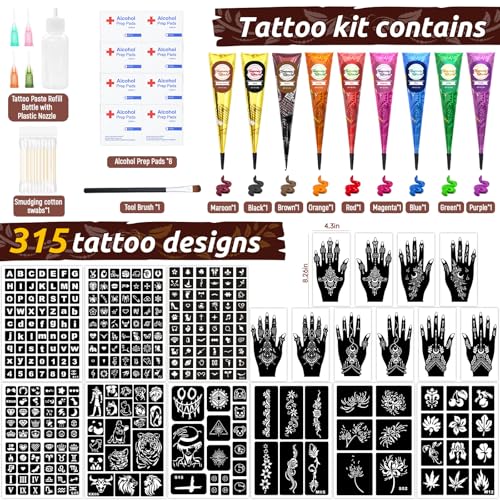 Temporary Tattoo Kit - 315 Designs, 9 Colors, 19 Stencils