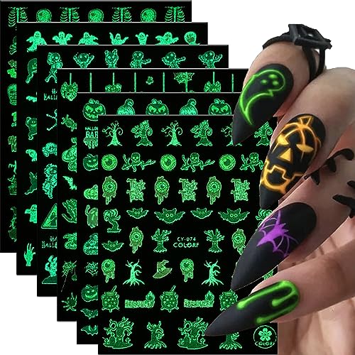 Halloween Nail Stickers 3D Self-Adhesive Nail Decals Halloween Skull Ghost Bat Pumpkin Design Cute Nail Art Stickers Glow in The Dark Nail Decorations for Women Halloween Nail Supplies (6 Sheets)