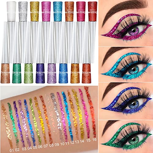 16 Colors Glitter Eyeliner Liquid Set, Metallic Waterproof