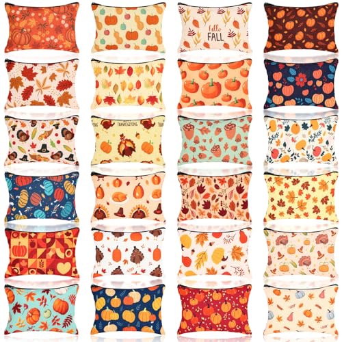 Meanplan 24 Pcs Thanksgiving Day Makeup Bags Bulk Fall Cosmetic Bag Pumpkin Maple Leaf Turkey Autumn Gift Pouch Portable Storage Zipper Pouch Travel Purse Toiletry Organizer Party Favor(Thanksgiving)