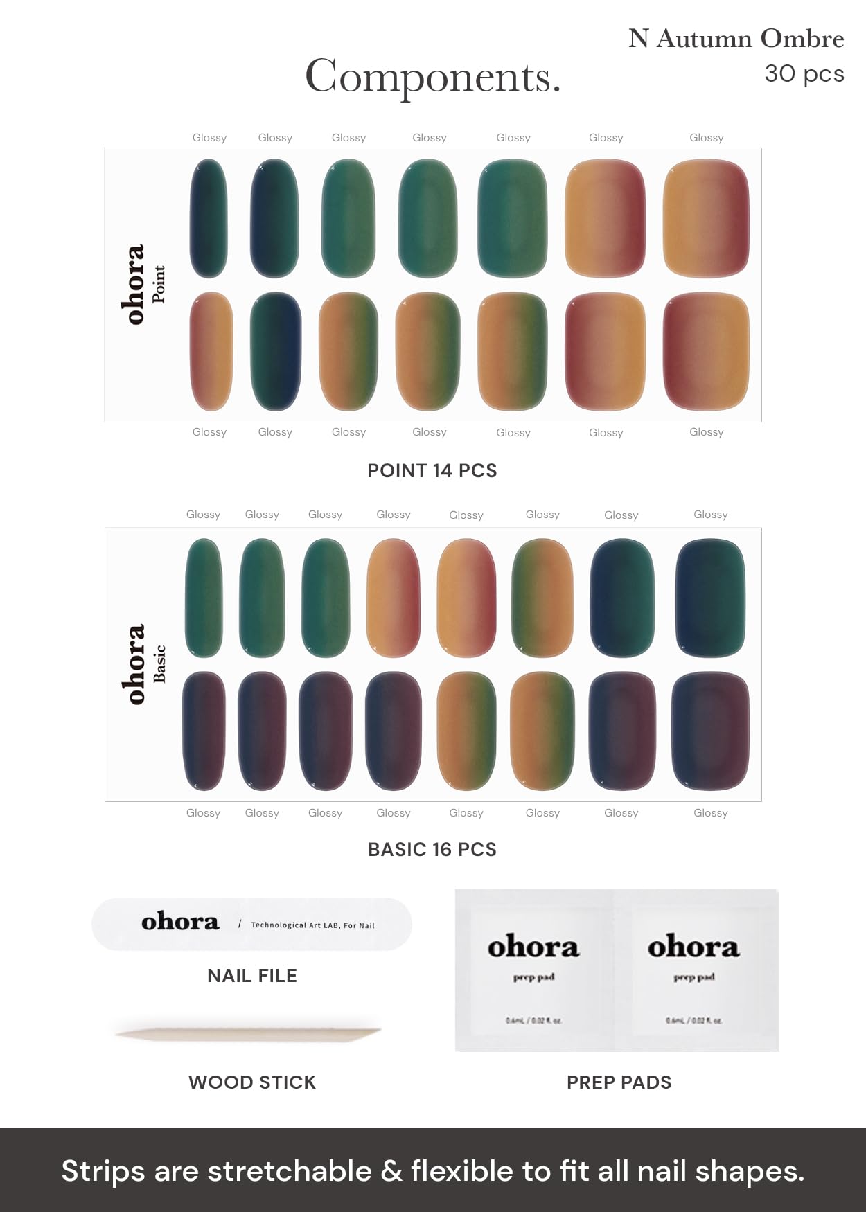 ohora Semi Cured Gel Nail Strips (N Autumn Ombre) - Green/Brown, Ombre, Works with UV/LED Lamps, Salon-Quality, Long Lasting, Easy to Apply & Remove - Includes 2 Prep Pads, Nail File & Wooden Stick