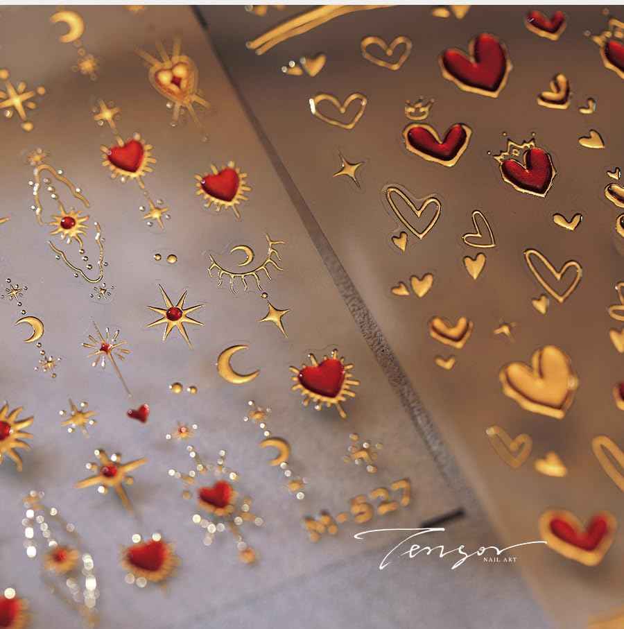 5D Embossed Gold Star Nail Stickers - Red Heart & Moon Nail Art Stickers for Valentine's Day DIY Manicure