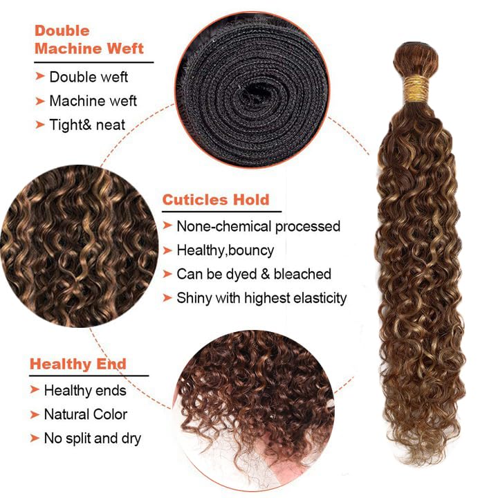 Freiuoke 300g Water Wave Human Hair Bundles - Brown Highlights 20-24 Inch