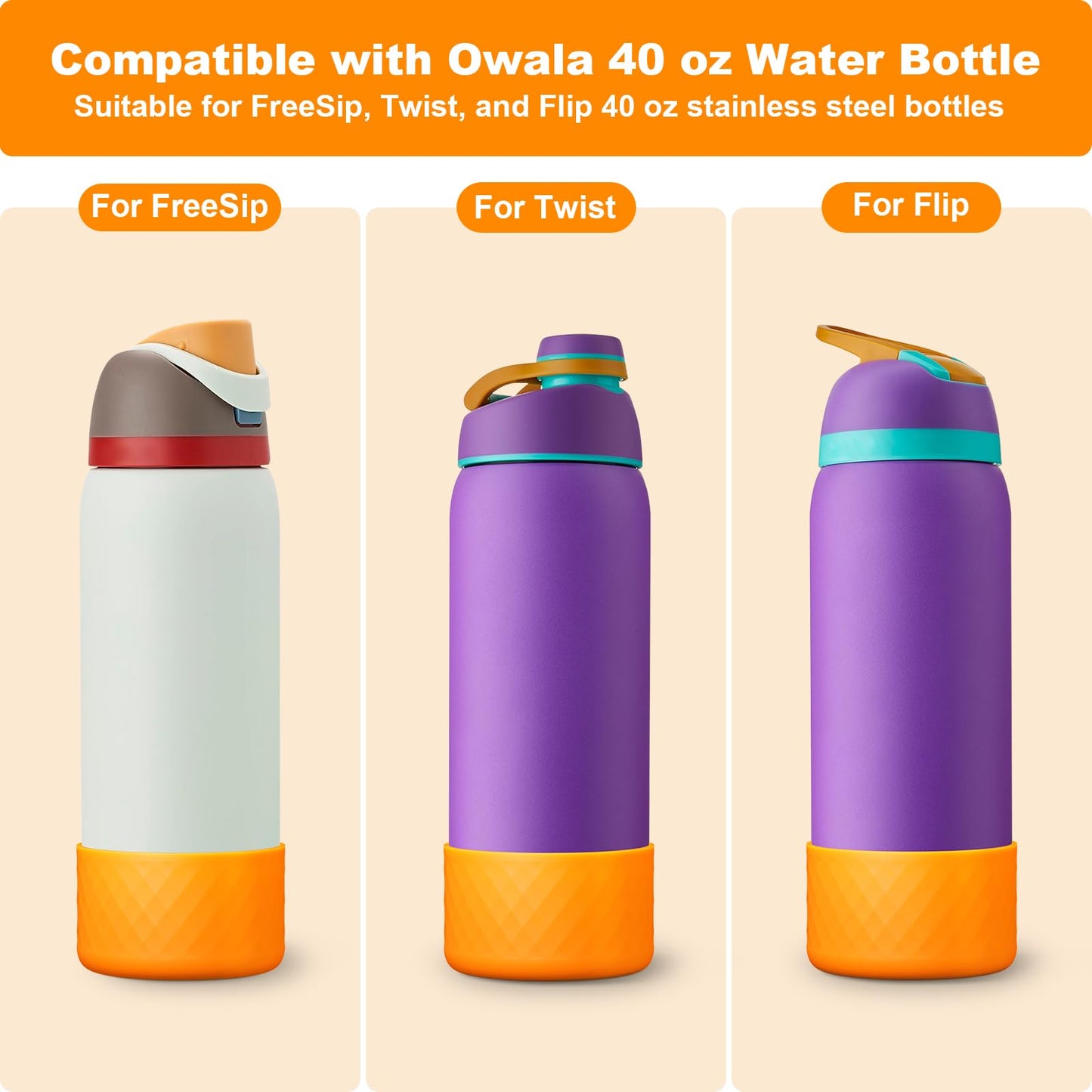 Alwenid 2PCS Silicone Water Bottle Boot for Owala 40 Oz, Anti-Slip Protective Sleeve Bottom Bumper Protector for FreeSip, Twist, and Flip Stainless Steel Water Bottles (Orange)